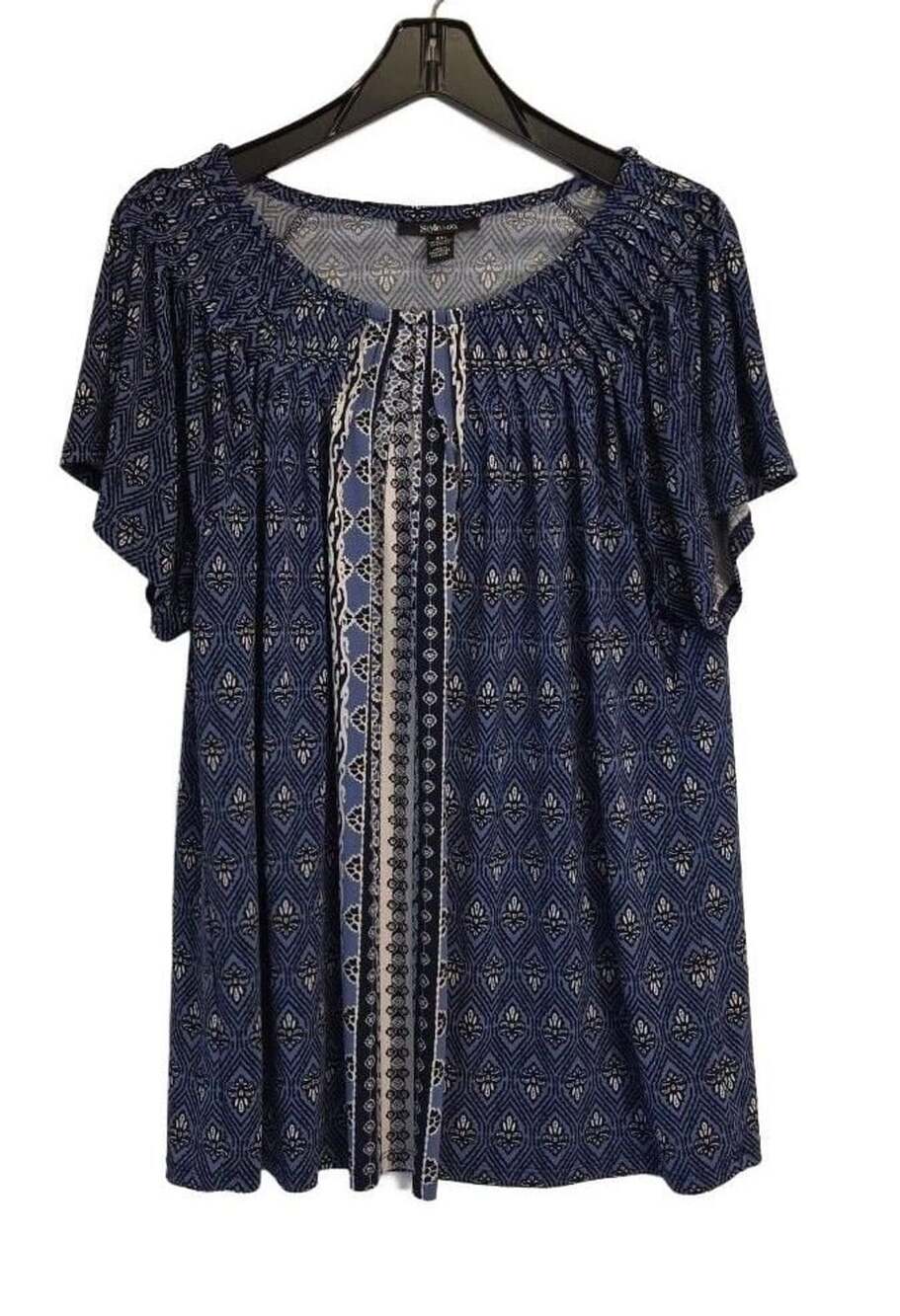 Style & Co Printed Pleated Scoop-Neck Top Size XXL Blue Floral